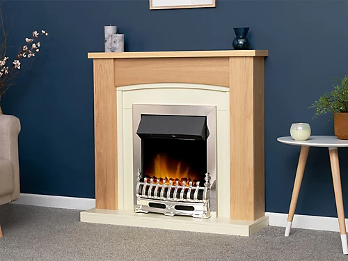 Adam Chilton Fireplace In Oak & Cream With Blenheim Electric Fire In Chrome, 39 Inch 1 Adam Chilton Fireplace In Oak & Cream With Blenheim Electric Fire In Chrome, 39 Inch