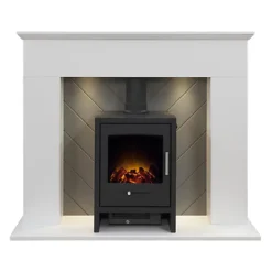 Adam Corinth Stove Fireplace In Pure White & Grey With Downlights & Bergen Electric Stove In Charcoal Grey, 48 Inch