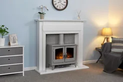 Adam Florence Stove Fireplace In Pure White With Woodhouse Electric Stove In Grey, 48 Inch