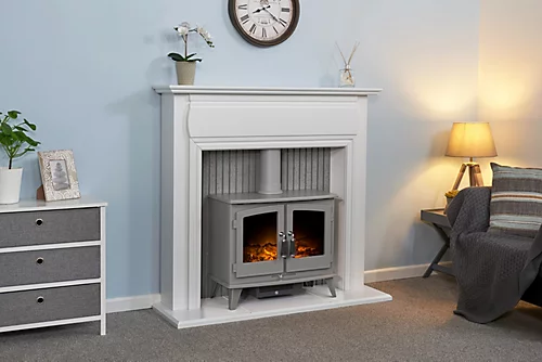 Adam Florence Stove Fireplace In Pure White With Woodhouse Electric Stove In Grey, 48 Inch 1 Adam Florence Stove Fireplace In Pure White With Woodhouse Electric Stove In Grey, 48 Inch