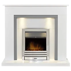 Adam Genoa Fireplace In Pure White & Grey With Downlights & Eclipse Electric Fire In Chrome, 48 Inch