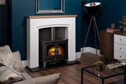 Adam Siena Stove Fireplace In Pure White With Woodhouse Electric Stove In Black, 48 Inch