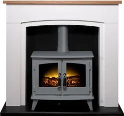 Adam Siena Stove Fireplace In Pure White With Woodhouse Electric Stove In Grey, 48 Inch
