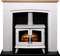 Adam Siena Stove Fireplace In Pure White With Woodhouse Electric Stove In White, 48 Inch
