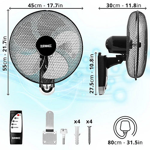 Duronic FN55 BK Wall Mounted Fan, Oscillating/Rotating 16 Inch Head, 60W Power - 3 Speeds, Timer Function, Remote Control (black) 3 Duronic FN55 BK Wall Mounted Fan, Oscillating/Rotating 16 Inch Head, 60W Power - 3 Speeds, Timer Function, Remote Control (black) - Image 3