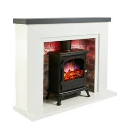 Farlington Fireplace Suite With A Black Electric Stove - White Top/Grey Brick