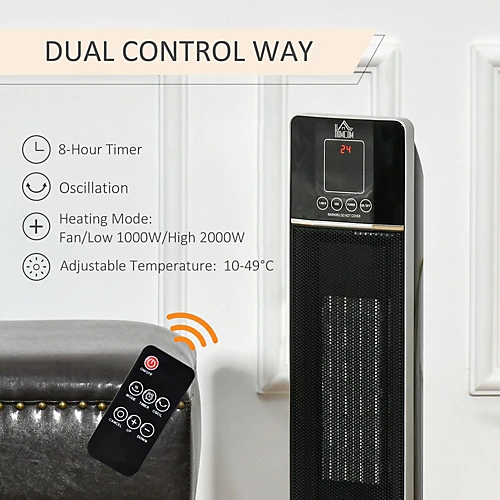 HOMCOM Ceramic Tower Heater W/ Remote Control, 8h Timer And Oscillation, Black 4 HOMCOM Ceramic Tower Heater W/ Remote Control, 8h Timer And Oscillation, Black - Image 4