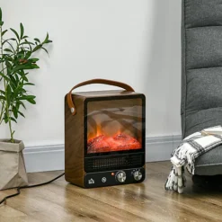 HOMCOM Freestanding Electric Fireplace Heater W/ Realistic Flame Effect, Walnut
