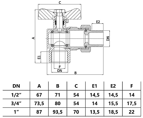 Invena 3/4 Inch Water Angled Ball Valve With Butterfly Handle Female X Male 2 Invena 3/4 Inch Water Angled Ball Valve With Butterfly Handle Female X Male - Image 2