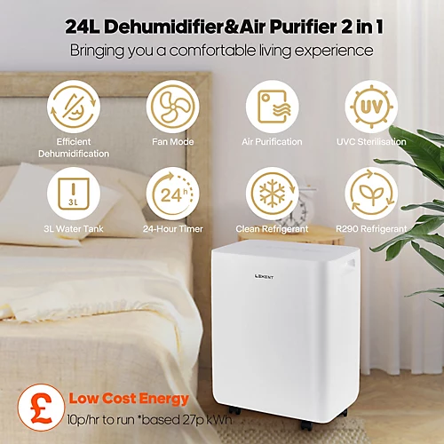 LEXENT Mevagissey 24L UVC Air Purifying Dehumidifier Low Energy, Prevents Damp & Condensation, Reduces Allergens, Odours And Gases 4 LEXENT Mevagissey 24L UVC Air Purifying Dehumidifier Low Energy, Prevents Damp & Condensation, Reduces Allergens, Odours And Gases - Image 4