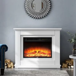 Livingandhome White LED Electric Fire Suite Black Fireplace With White Wooden Surround Set 30 Inch