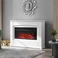 Livingandhome White LED Electric Fire Suite Black Fireplace With White Wooden Surround Set 34 Inch