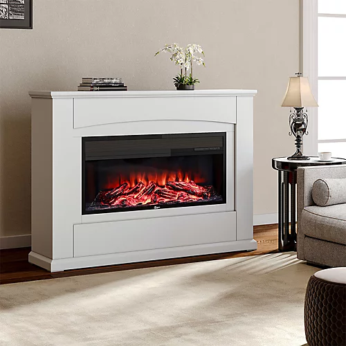 Livingandhome White LED Electric Fire Suite Black Fireplace With White Wooden Surround Set 34 Inch 3 Livingandhome White LED Electric Fire Suite Black Fireplace With White Wooden Surround Set 34 Inch - Image 3