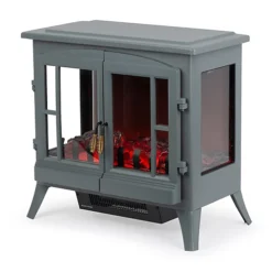 LIVIVO Electric Stove Heater With Log Burner Flame Effect Fire - 2000W, Freestanding Fireplace With Wood Burning LED Light - Grey