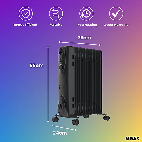 MYLEK Oil Filled 2000w Heater Radiator Thermostat 3 Heat Settings Charcoal Grey 2 MYLEK Oil Filled 2000w Heater Radiator Thermostat 3 Heat Settings Charcoal Grey - Image 2