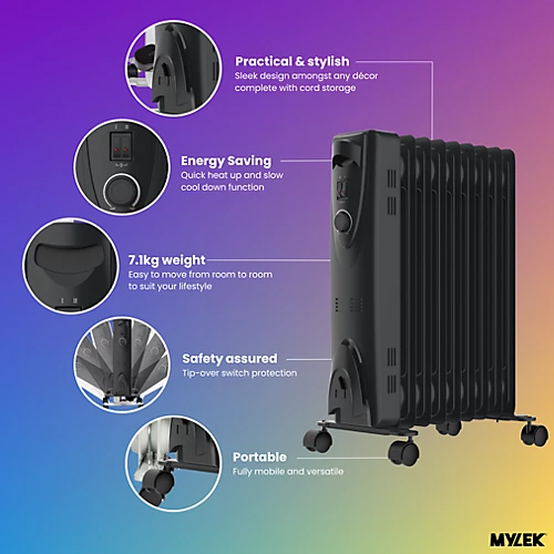 MYLEK Oil Filled 2000w Heater Radiator Thermostat 3 Heat Settings Charcoal Grey 3 MYLEK Oil Filled 2000w Heater Radiator Thermostat 3 Heat Settings Charcoal Grey - Image 3