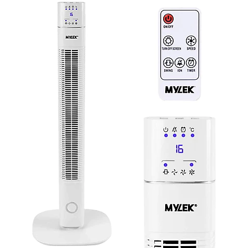 MYLEK Tower Fan 36-Inch Oscillating Electric Stand Cooler With Remote Control, 12 Hour Timer And Ioniser - White 1 MYLEK Tower Fan 36-Inch Oscillating Electric Stand Cooler With Remote Control, 12 Hour Timer And Ioniser - White