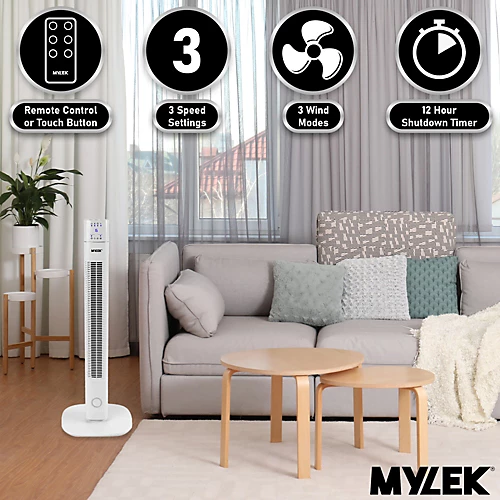 MYLEK Tower Fan 36-Inch Oscillating Electric Stand Cooler With Remote Control, 12 Hour Timer And Ioniser - White 2 MYLEK Tower Fan 36-Inch Oscillating Electric Stand Cooler With Remote Control, 12 Hour Timer And Ioniser - White - Image 2