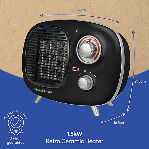 Russell Hobbs Fan Heater 1500W Portable Electric Retro Black Ceramic Heater RHRETPTC2001B 2 Russell Hobbs Fan Heater 1500W Portable Electric Retro Black Ceramic Heater RHRETPTC2001B - Image 2