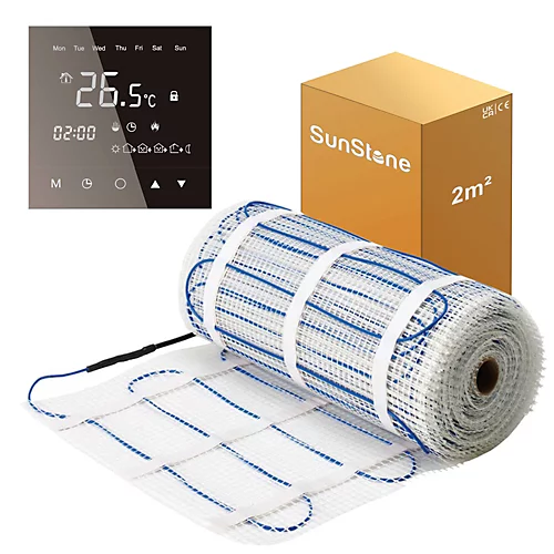 Sunstone 2m² Electric Underfloor Heating PVC Sticky Mat With Black Glass Touch Thermostat 1 Sunstone 2m² Electric Underfloor Heating PVC Sticky Mat With Black Glass Touch Thermostat