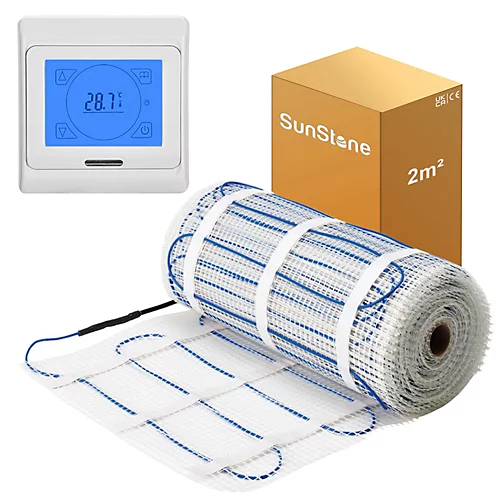 SunStone 2m² Electric Underfloor Heating PVC Sticky Mat With White Touch Thermostat 1 SunStone 2m² Electric Underfloor Heating PVC Sticky Mat With White Touch Thermostat